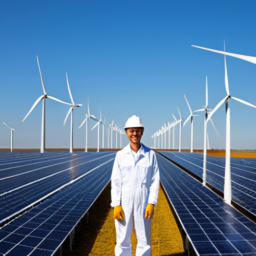 Home 4 A professional engineer in a modest, protective work suit, fully clothed, standing within a vast renewable energy landscape. Rows of highly efficient solar panels stretch across a large, well-maintained solar farm under a bright, clear sky. Several majestic, modern wind turbines with clean, white blades stand tall against the horizon, generating power. The scene conveys technological advancement and environmental responsibility. Perfect anatomy, correct proportions, natural pose, well-formed hands, proper finger count, natural body proportions. Professional dress, safe for work, appropriate content, family-friendly, high quality photo.