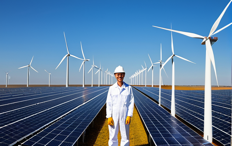 A professional engineer in a modest, protective work suit, fully clothed, standing within a vast renewable energy landscape. Rows of highly efficient solar panels stretch across a large, well-maintained solar farm under a bright, clear sky. Several majestic, modern wind turbines with clean, white blades stand tall against the horizon, generating power. The scene conveys technological advancement and environmental responsibility. Perfect anatomy, correct proportions, natural pose, well-formed hands, proper finger count, natural body proportions. Professional dress, safe for work, appropriate content, family-friendly, high quality photo.