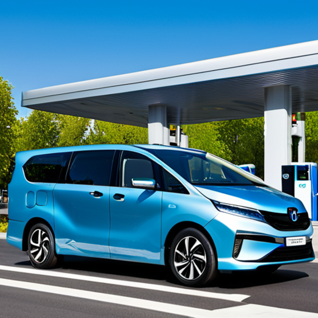 A sleek, modern hydrogen fuel cell vehicle (FCEV), showcasing a futuristic design, is prominently displayed at a state-of-the-art hydrogen refueling station. The station boasts clean, contemporary architecture seamlessly integrated into a vibrant, green urban landscape. In the background, a pristine city skyline under a clear blue sky emphasizes environmental sustainability and advanced technology. The scene is captured with professional photography, highlighting high detail and a forward-looking vision of transportation. safe for work, appropriate content, fully clothed, professional, correct proportions.