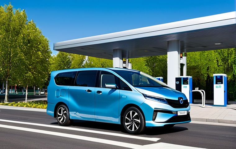 A sleek, modern hydrogen fuel cell vehicle (FCEV), showcasing a futuristic design, is prominently displayed at a state-of-the-art hydrogen refueling station. The station boasts clean, contemporary architecture seamlessly integrated into a vibrant, green urban landscape. In the background, a pristine city skyline under a clear blue sky emphasizes environmental sustainability and advanced technology. The scene is captured with professional photography, highlighting high detail and a forward-looking vision of transportation. safe for work, appropriate content, fully clothed, professional, correct proportions.
