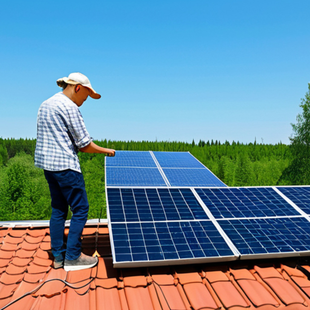 지역사회 대체에너지 활용 사례 - **Image Prompt:** "Solar panels on a dacha rooftop in the Russian countryside, generating clean ener...