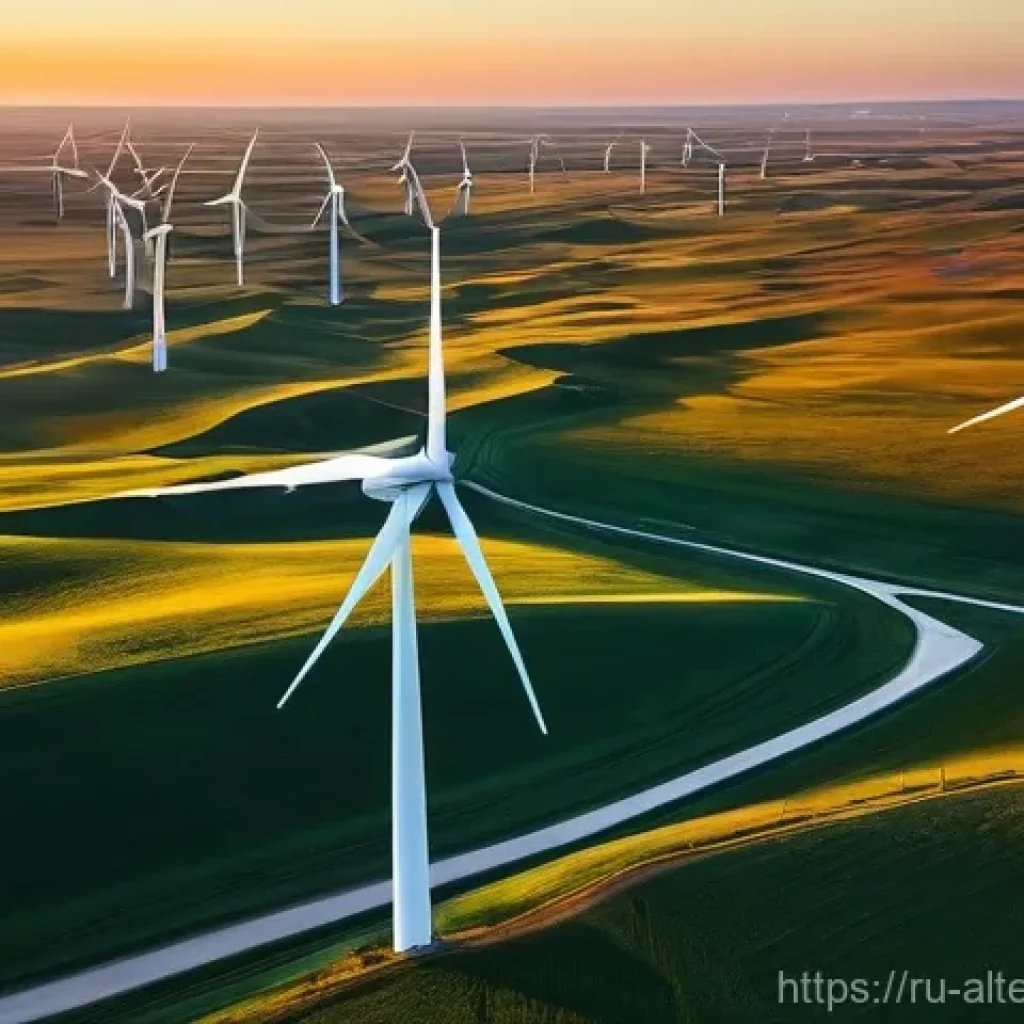 대체에너지 사회적 인식 변화 - **Prompt:** A majestic, expansive wind farm stretches across the rolling, golden steppes of Kalmykia...