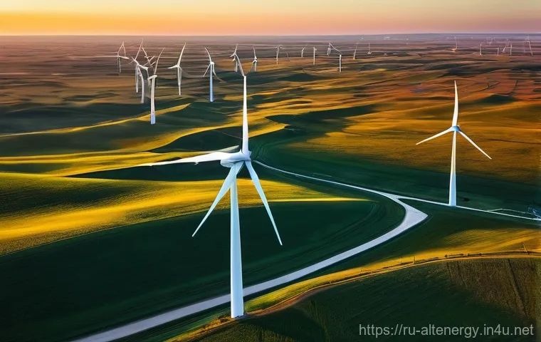 대체에너지 사회적 인식 변화 - **Prompt:** A majestic, expansive wind farm stretches across the rolling, golden steppes of Kalmykia...