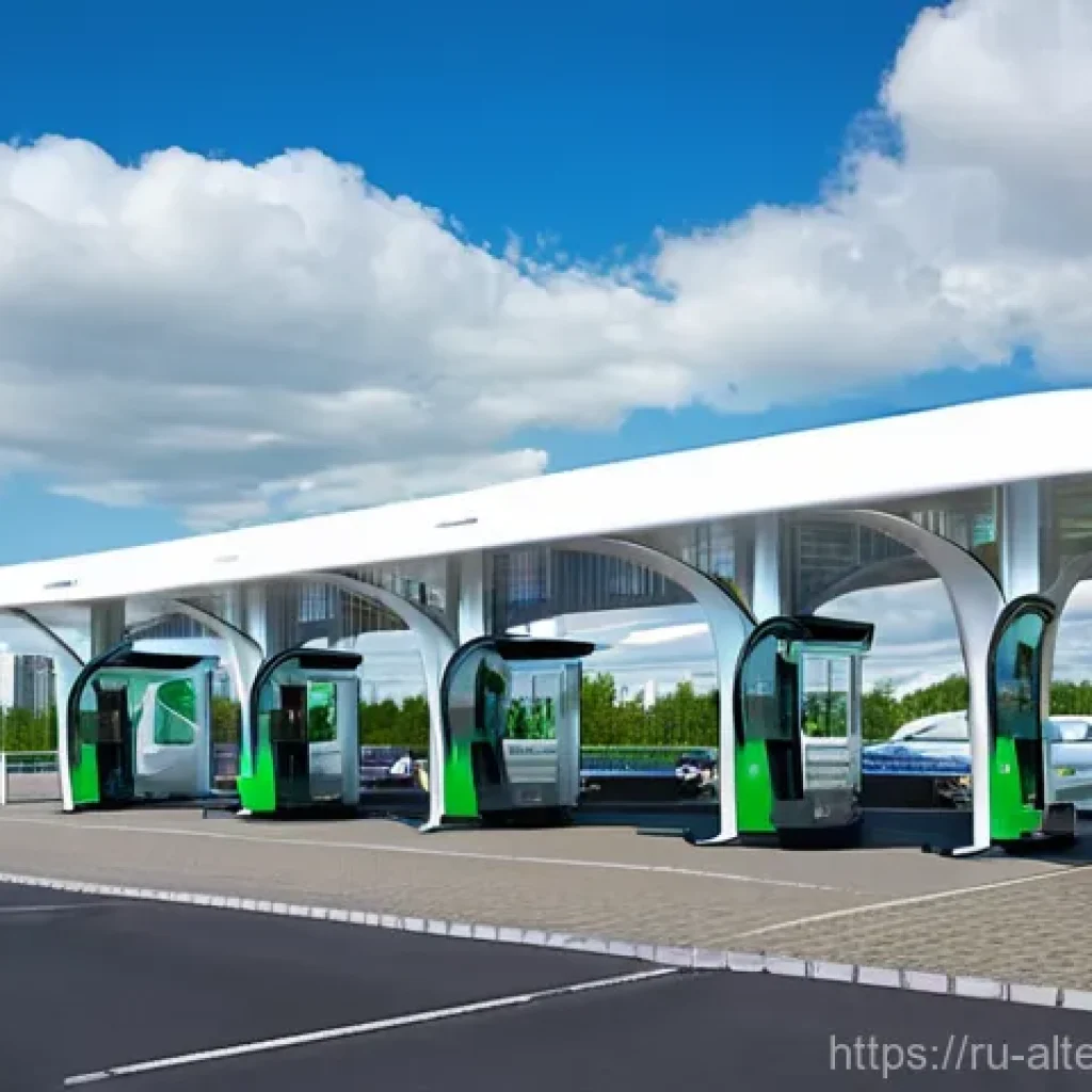 수소 충전소 설치 - **A state-of-the-art hydrogen fueling station in a modern Russian urban setting.** The station featu...