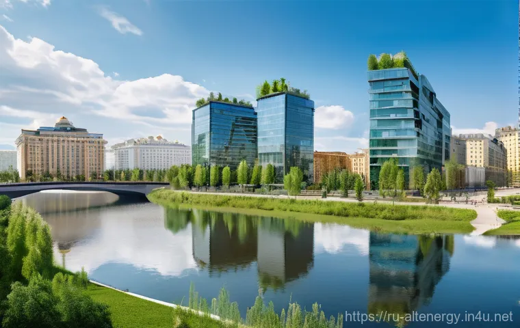 환경 영향 평가 - **Prompt:** A panoramic, high-angle shot of a thriving, modern Russian city where sustainable develo...