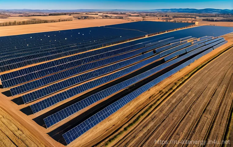 전 세계 대체에너지 투자 - A panoramic, high-angle shot of an expansive, state-of-the-art solar farm stretching across a sun-dr...