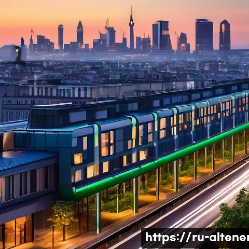 전 세계 대체에너지 보급 현황 - **Prompt:** A vibrant, futuristic European city skyline at dusk, bathed in the warm glow of energy-e...