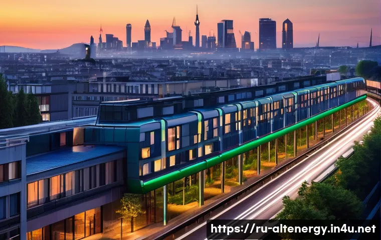 전 세계 대체에너지 보급 현황 - **Prompt:** A vibrant, futuristic European city skyline at dusk, bathed in the warm glow of energy-e...