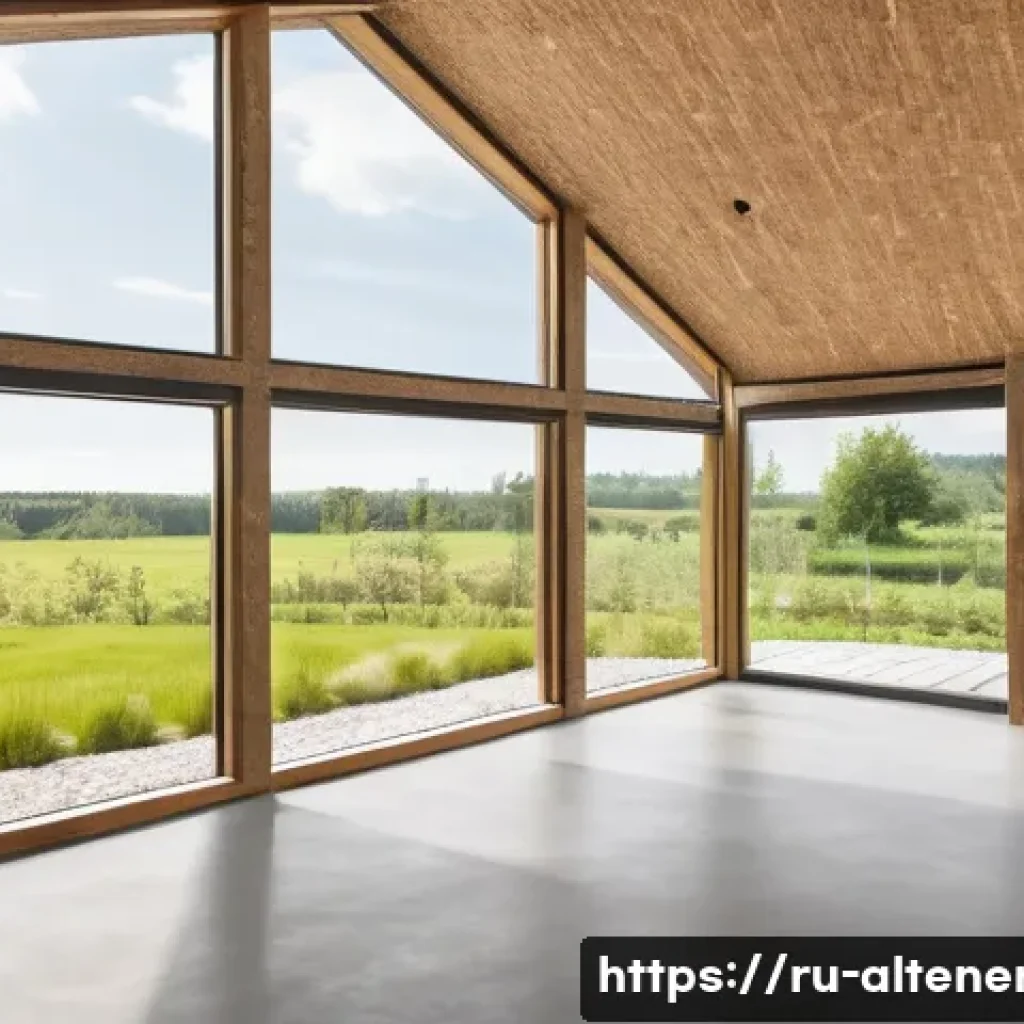 환경 친화적인 건축 자재 - A cozy, eco-friendly countryside house interior showcasing walls insulated with natural flax fiber a...
