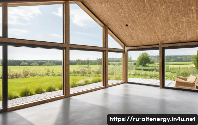환경 친화적인 건축 자재 - A cozy, eco-friendly countryside house interior showcasing walls insulated with natural flax fiber a...