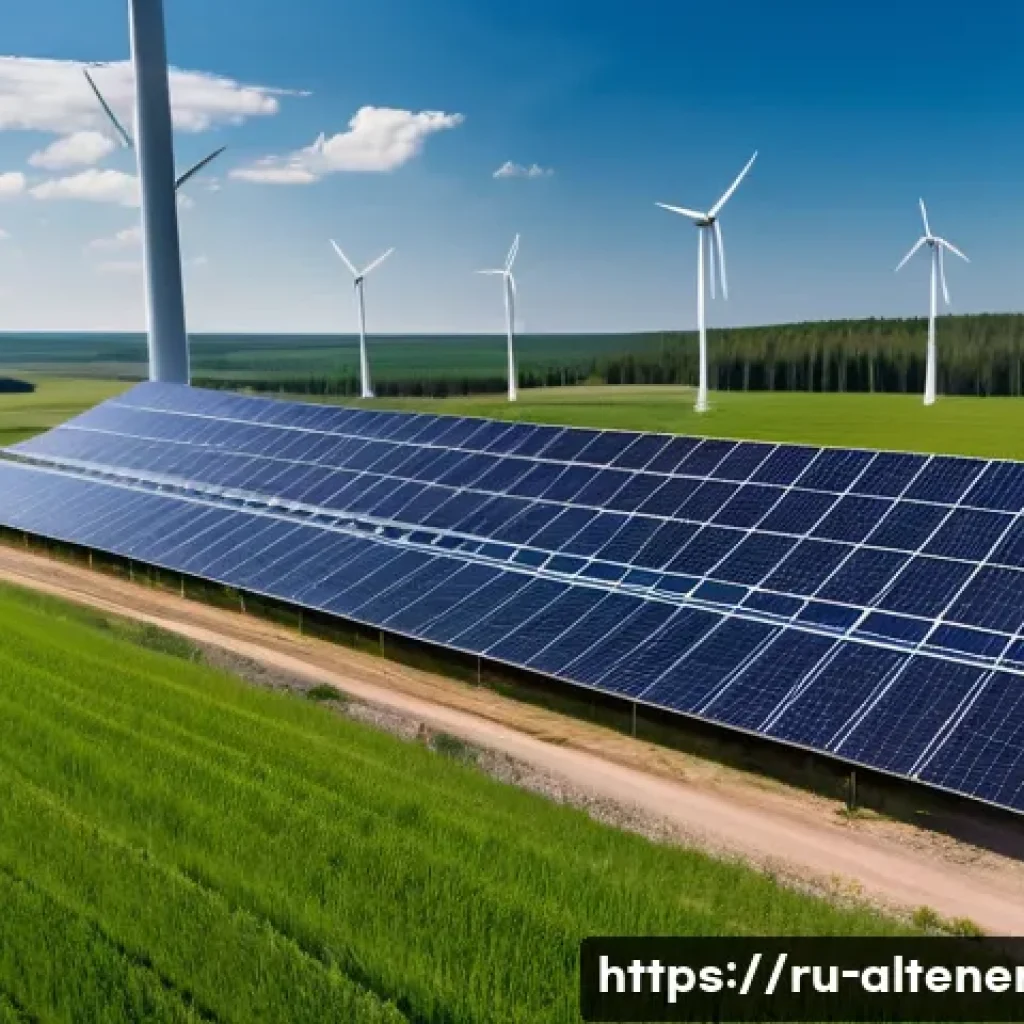 대체에너지 산업의 도전 과제 - A modern renewable energy installation in a Russian rural landscape during early morning light, feat...
