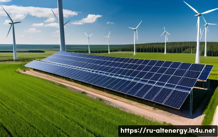 대체에너지 산업의 도전 과제 - A modern renewable energy installation in a Russian rural landscape during early morning light, feat...