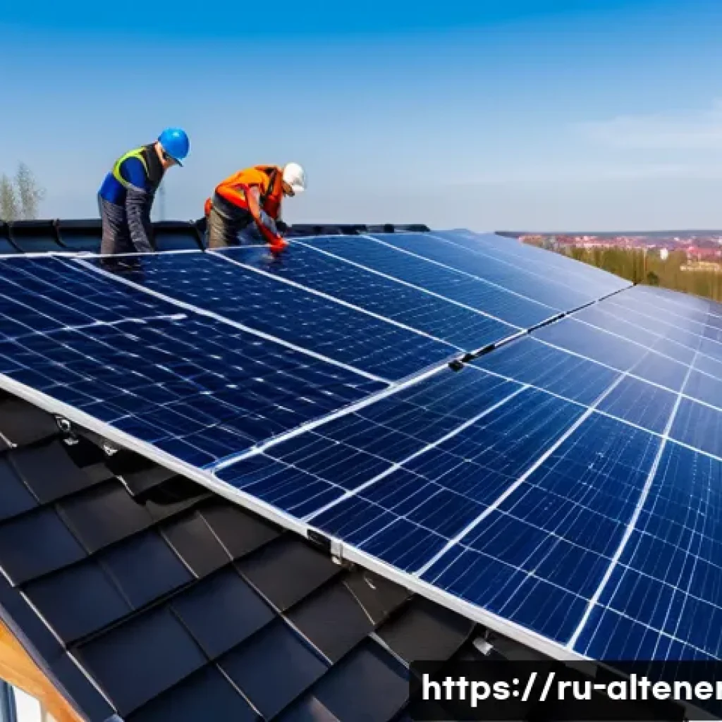 대체에너지 관련 법률 및 규제 - A modern residential rooftop solar panel installation in a Russian suburban setting, showing technic...