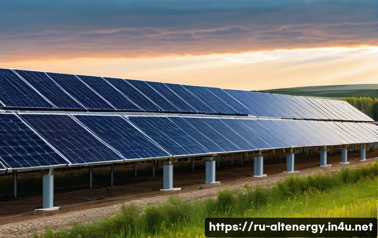 대체에너지의 글로벌 동향 - A modern solar farm in a rural Russian landscape during early morning with soft sunlight filtering t...