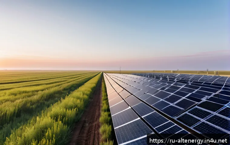 정부 대체에너지 정책 - A modern Russian solar energy farm in the southern steppe region at sunrise, featuring rows of high-...