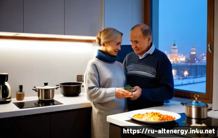 Home 13 에너지 절약 생활 습관 - Photorealistic Russian apartment kitchen in winter, an older couple wearing cozy sweaters preparing ...