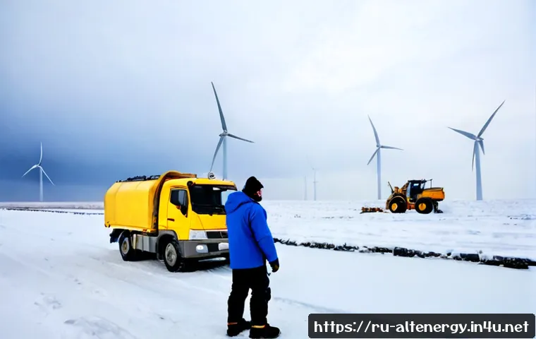 Home 15 대체에너지의 장애물 - Photorealistic wide-angle view of a wind farm on the Russian steppe during a harsh winter, several w...